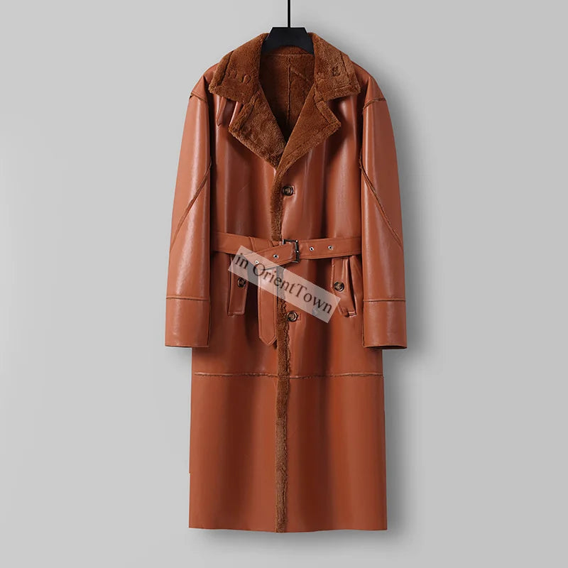 Large Loose Fur 1 Piece Leather Long Jacket For Men Over The Knee Warm Windbreaker For Man Winter Trench Coat  in OrientTown 027