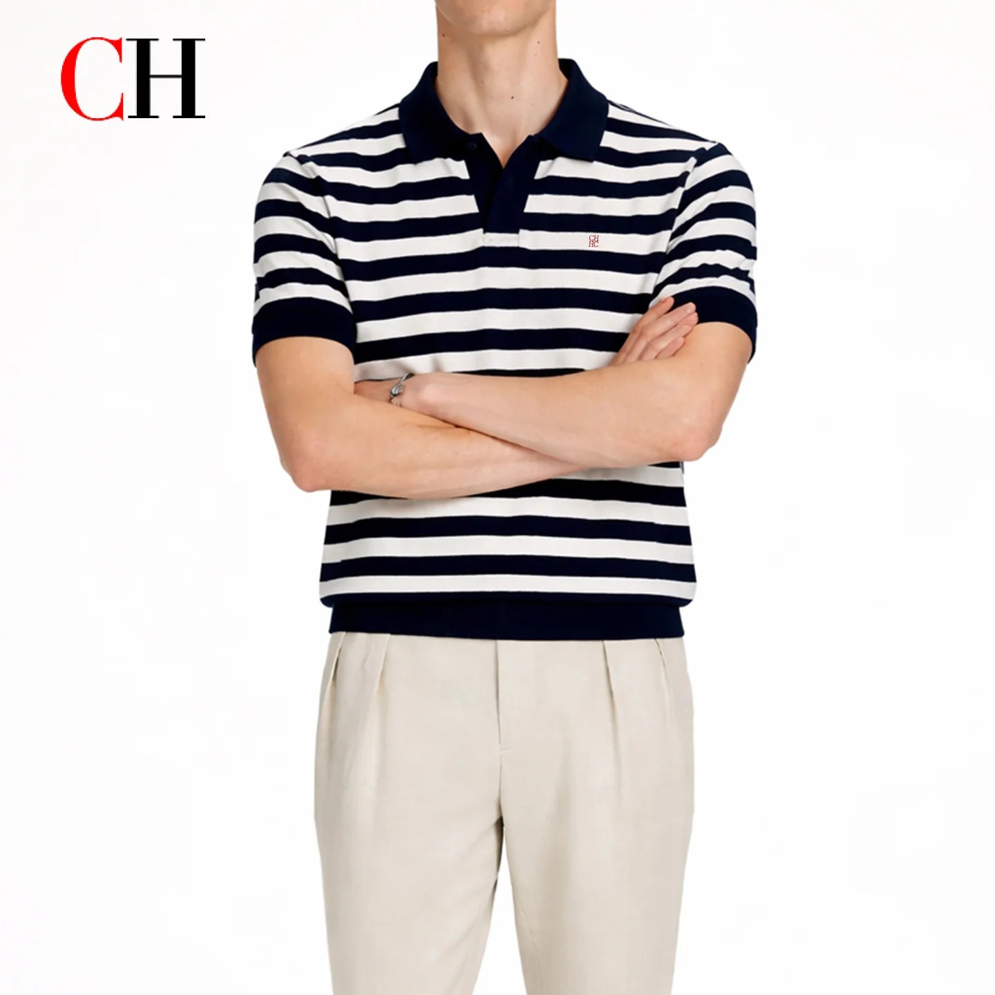 CH Men Two Tone Striped Short Sleeve Polo Shirt Distinct Tiny Brand Embroidery Left Chest Minimalist Golf Vacation Commute Wear