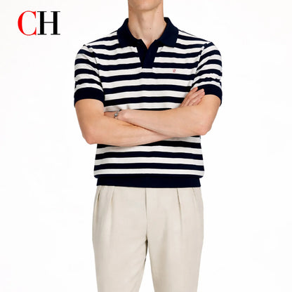 CH Men Two Tone Striped Short Sleeve Polo Shirt Distinct Tiny Brand Embroidery Left Chest Minimalist Golf Vacation Commute Wear