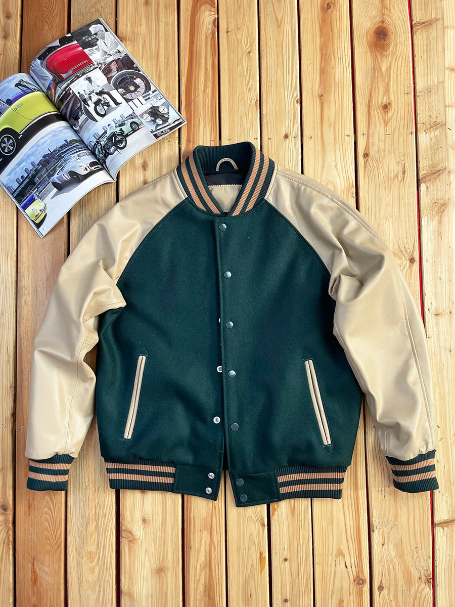 Premium Sheepskin Leather Baseball Jacket Men's Loose Fit Retro Style Wool Blend Outerwear Youthful Casual Winter Coat