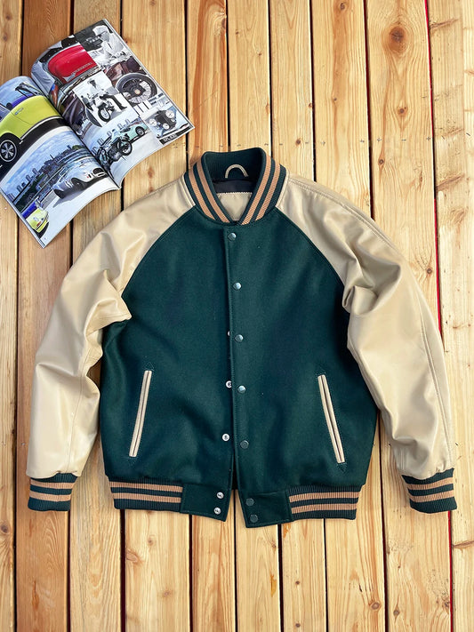 Premium Sheepskin Leather Baseball Jacket Men's Loose Fit Retro Style Wool Blend Outerwear Youthful Casual Winter Coat