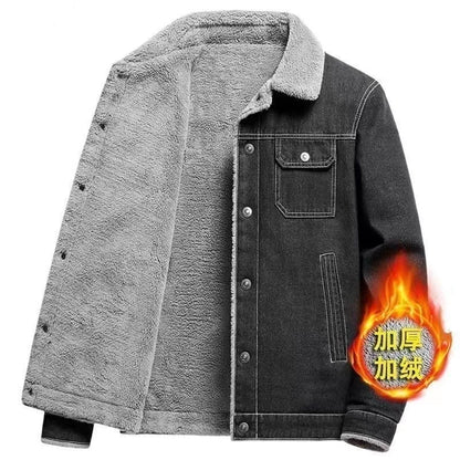 Men's Fleece Lined Thickened Denim Jacket Winter Casual Lapel Workwear Wear Resistant Leisure Coat Sheepskin Fur Vestibule