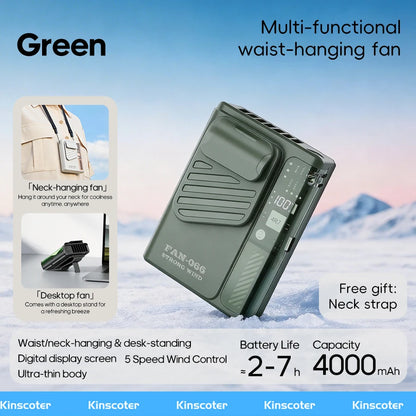 New Outdoor Hanging Waist Fan 4000mAh USB Multi-functional Mini Cooling Fan 5 Speed Digital Display Portable Rechargeable Fan