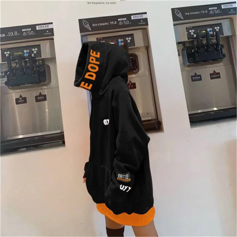 Autumn Winter New High Neck Loose Fit Long Sleeve Hoodie Women's Trendy Orange CEC Long Hooded Sweatshirt Comfortable Cotton