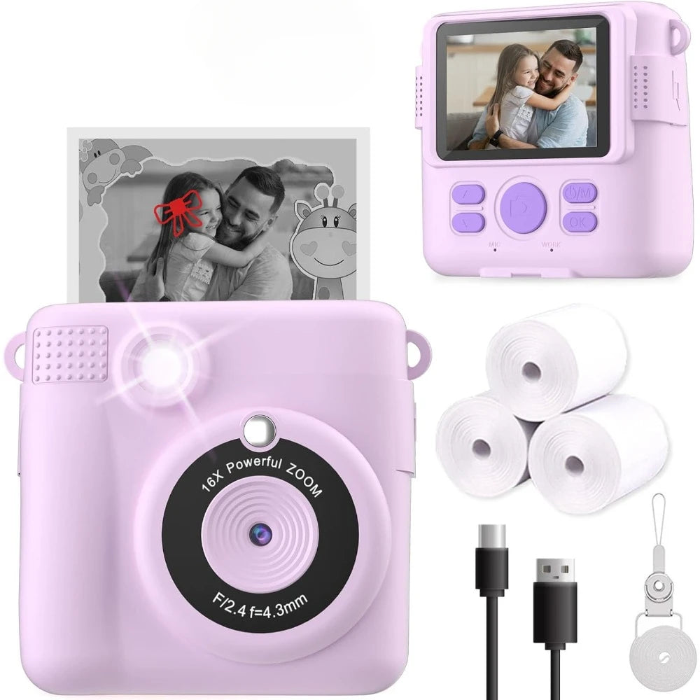 Instant Print Camera for Kids, HD Digital Video Cameras, Portable Toy for 4-10 Year Old Girls Boys with 32GB SD Card-Purple