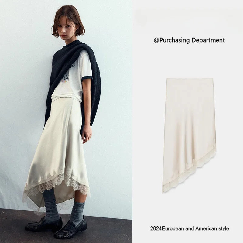 Winter New Arrival Women's Simple Versatile Mid-Waist Lace Trim Silk Satin Skirt Elegant Ethnic Stage Costume