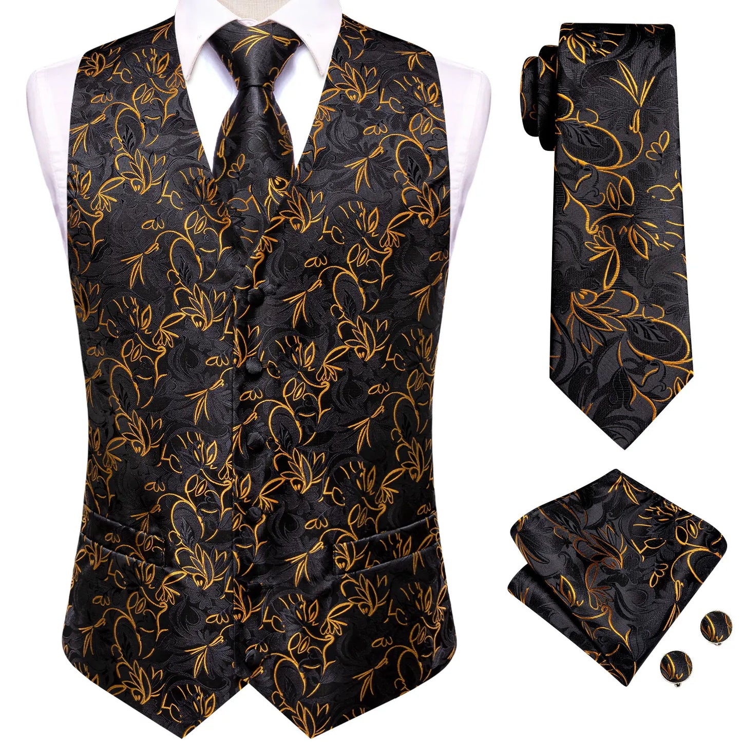 4Pcs Men Formal V-Neck Vest Kit Waistcoat Tie Handkerchief & Cufflinks for Occasions