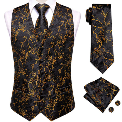 4Pcs Men Formal V-Neck Vest Kit Waistcoat Tie Handkerchief & Cufflinks for Occasions