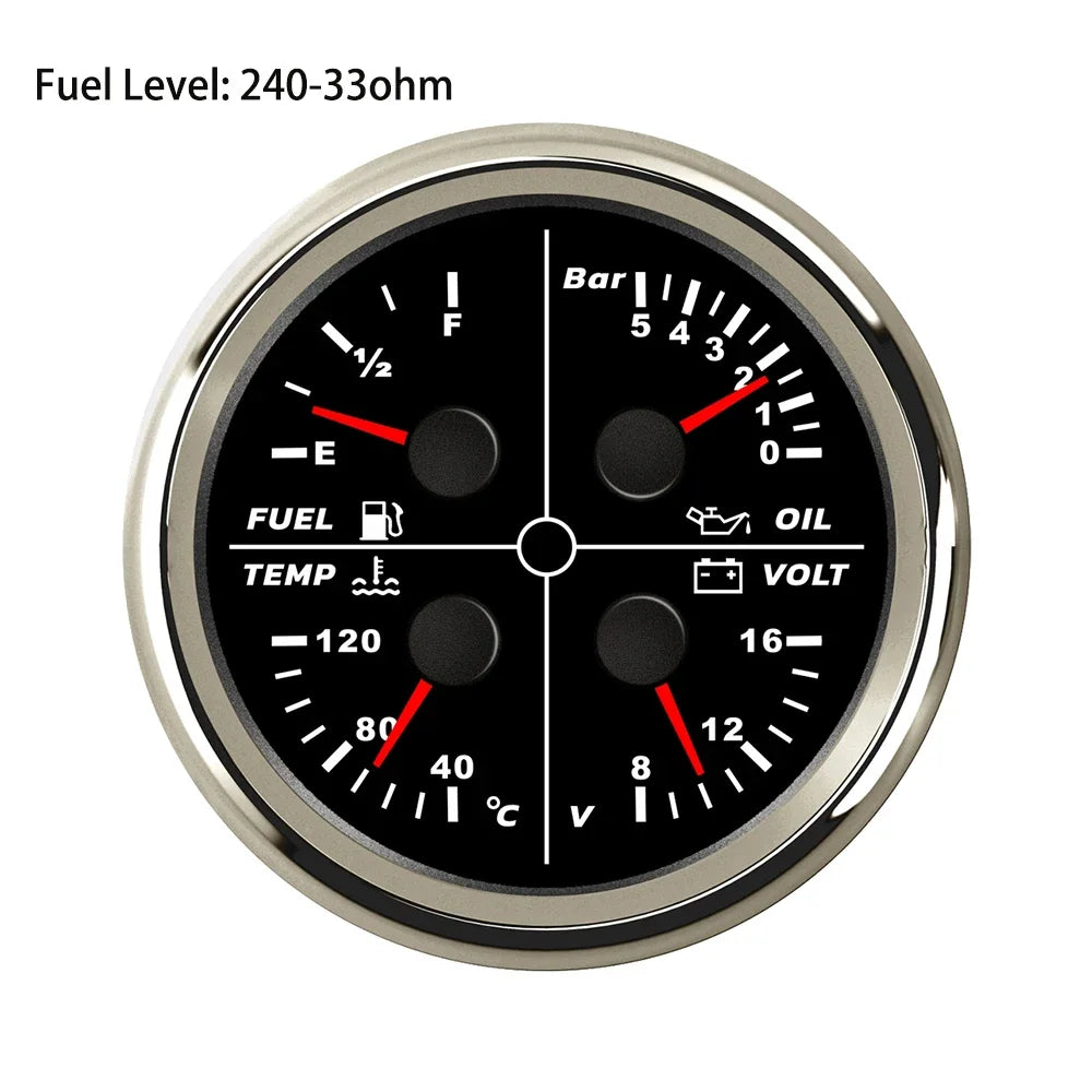 ELING Waterproof Auto Marine 85mm 4 in 1 Gauge Oil Pressure Water Temp Fuel Level Voltmeter for Motorcycle 8-16V