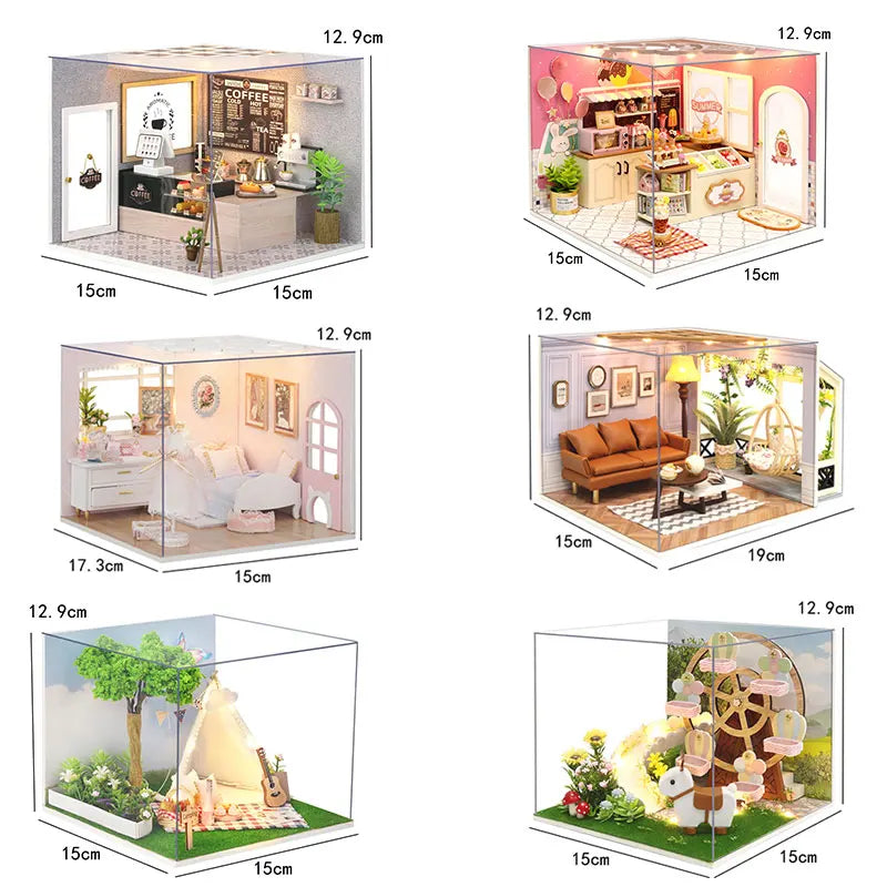 DIY Wooden DollHouse Leisurely Coffee Shop Dollhouses Scene Model Miniature Doll House Wooden Assembly Model Toys For Xmas Gifts