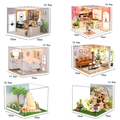 DIY Wooden DollHouse Leisurely Coffee Shop Dollhouses Scene Model Miniature Doll House Wooden Assembly Model Toys For Xmas Gifts