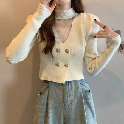 Elegant V-Neck Bubble Sleeve Knitwear Short Top Fashion Trend Neck Hanging Style Girl's French Style Slim Fit Long Sleeve Autumn