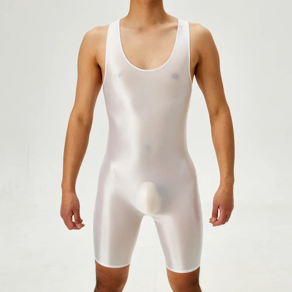 Men's Playsuit Gym High Elastic Bodysuit Shaper Wear Sexy Seamless Bulge Pouch Sleeveless Shirt Man Leotard Tights