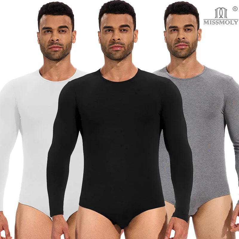 Miss Moly Men Thermal Full Body Shaper Long Sleeve Slimming Undershirt Tummy Control Bodysuit Shapewear Romper Round Neck Faja
