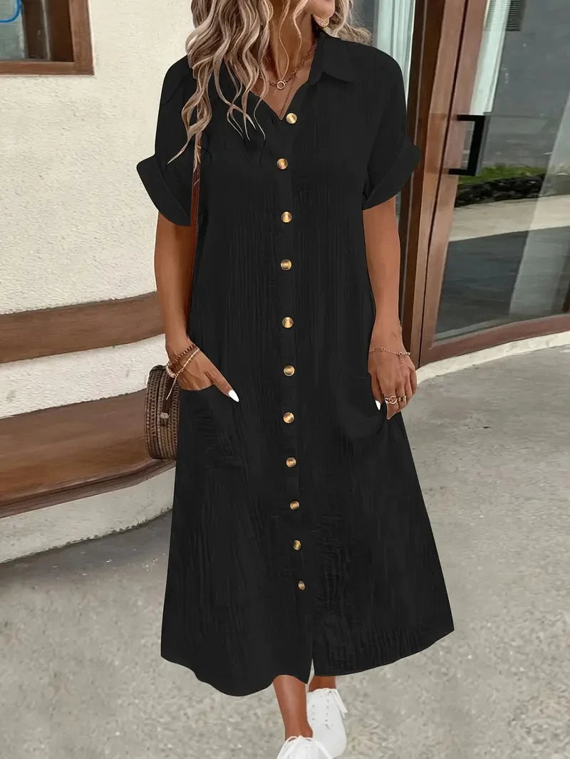 Women's 2025 casual Summer Shirt Dresses Short Sleeve Solid Color Dress