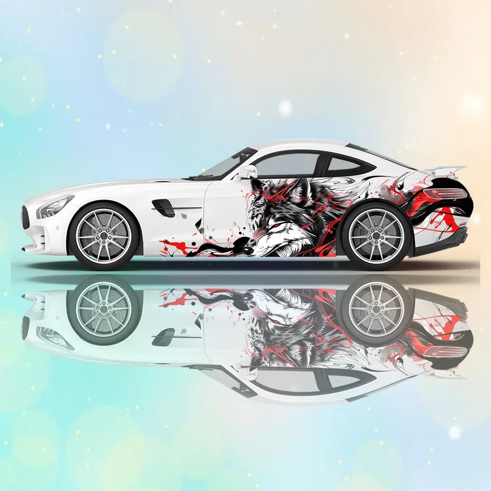 Red Lightning Ferocious Wolf Car Vinyl Wraps Decal Self-adhesive PVC Sticker Suitable for Trucks SUV Decoration Auto Accessories