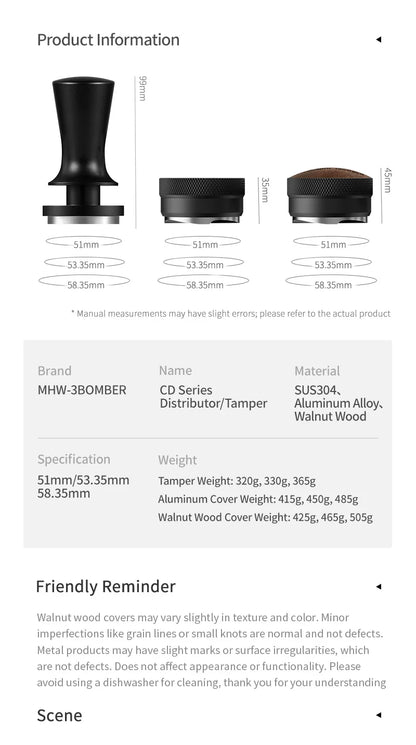 MHW-3BOMBER Coffee Tamper 51/53.35/58.35MM 2 Springs Espresso Tamper Stainless Steel Thread Base Home Barista Coffee Accessories