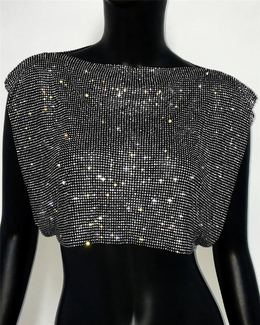 Shiny Rhinestone Metal Sequins Crop Tops Summer Women Sexy Round Neck Handmade Camisole Nightclub Party Club Tank Tops