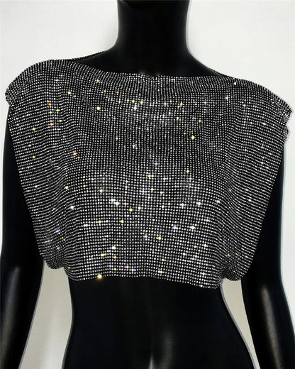Shiny Rhinestone Metal Sequins Crop Tops Summer Women Sexy Round Neck Handmade Camisole Nightclub Party Club Tank Tops