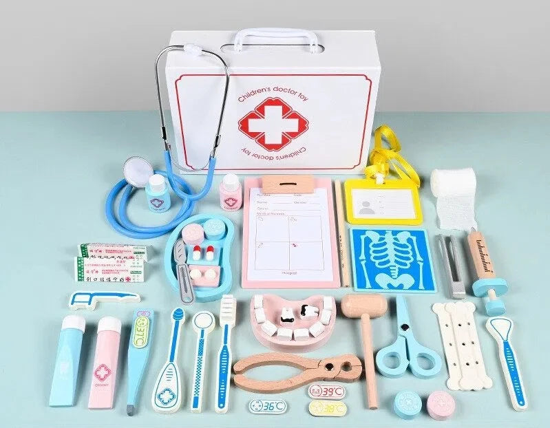 Wooden doctor play house toy set simulation stethoscope injection play enlightenment role-playing game interactive toy