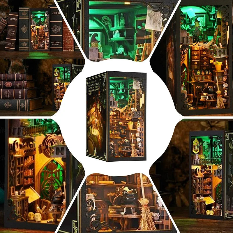 Wooden Book Nook Kits Miniature Wooden Doll Houses 3D Puzzles Assembly Building Toys Bookshelf Insert Decoration Toys For Gift