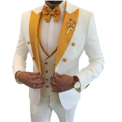 Floral Wedding Suits for Men Double Breasted Jacket with Vest Pants 3 Pieces Peak Lapel Groom Tuxedo Male Fashion Suit