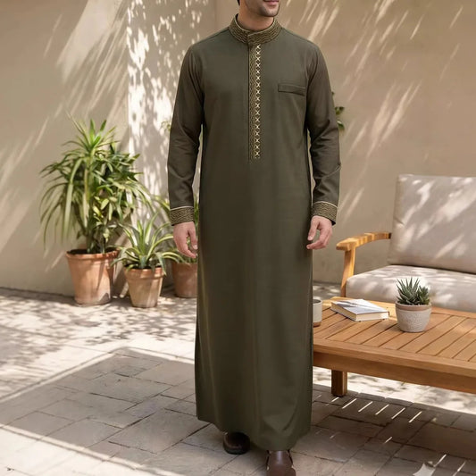 Arab Men's Clothing Muslim Robe Long Sleeve Embroidered Stand Collar Elegant Design Loose Men's Clothing