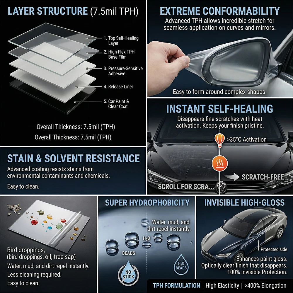 7.5mil Car Body Paint Protection Film TPH PPF Clear Auto Vinyl Wrap Scratch Resistant Self Healing Invisible Car Protective Film