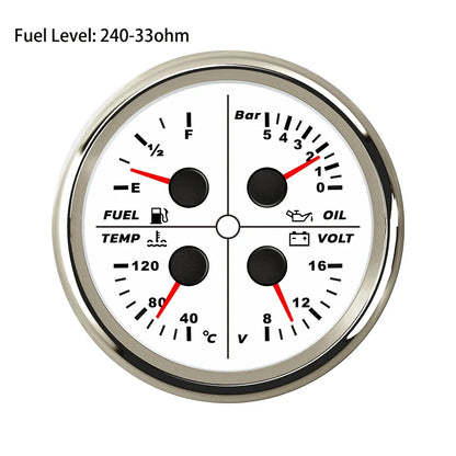 ELING Waterproof Auto Marine 85mm 4 in 1 Gauge Oil Pressure Water Temp Fuel Level Voltmeter for Motorcycle 8-16V