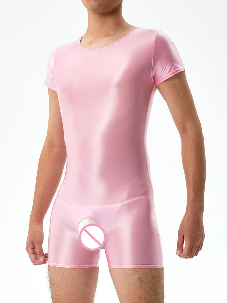 Men's Crotchless Bodysuit Stain Oil Shiny Tights Sheer See Through Yoga Shaping Leotard Elastic Sexy Exotic Tops Candy Color