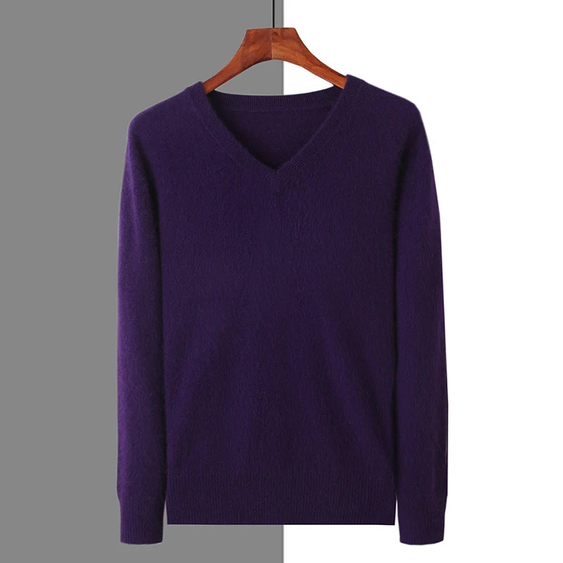 Men's 100% Pure Mink Cashmere Sweater V-neck Pullover Knit Bottoming Shirt Autumn And Winter New Long-Sleeve High-End Mink Tops