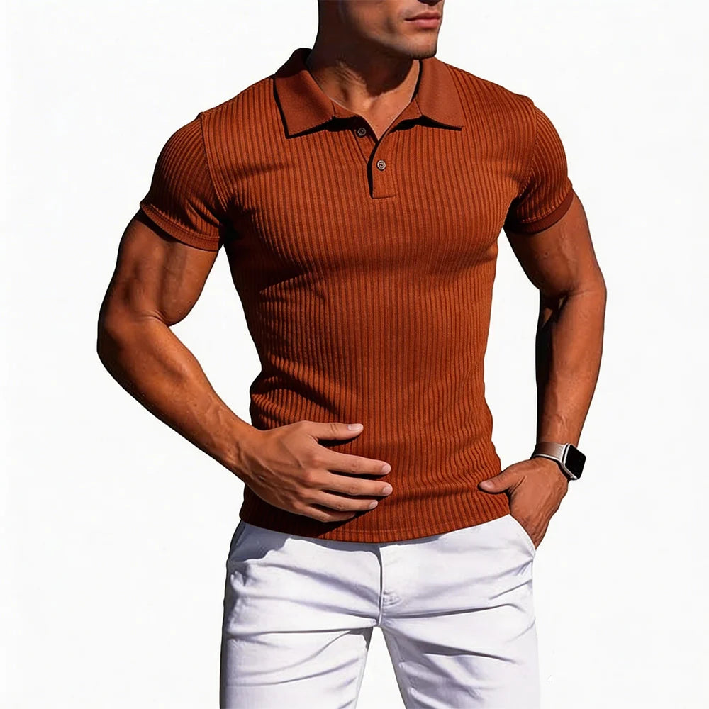 Summer Men's Slim Fit Polo Shirts Short Sleeve Stretch T-Shirts Retro Lapel Striped Knitwear Casual Stylish Golf Workout Tee 5XL