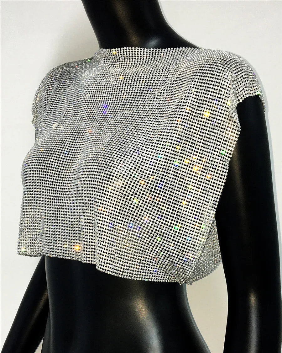 Shiny Rhinestone Metal Sequins Crop Tops Summer Women Sexy Round Neck Handmade Camisole Nightclub Party Club Tank Tops