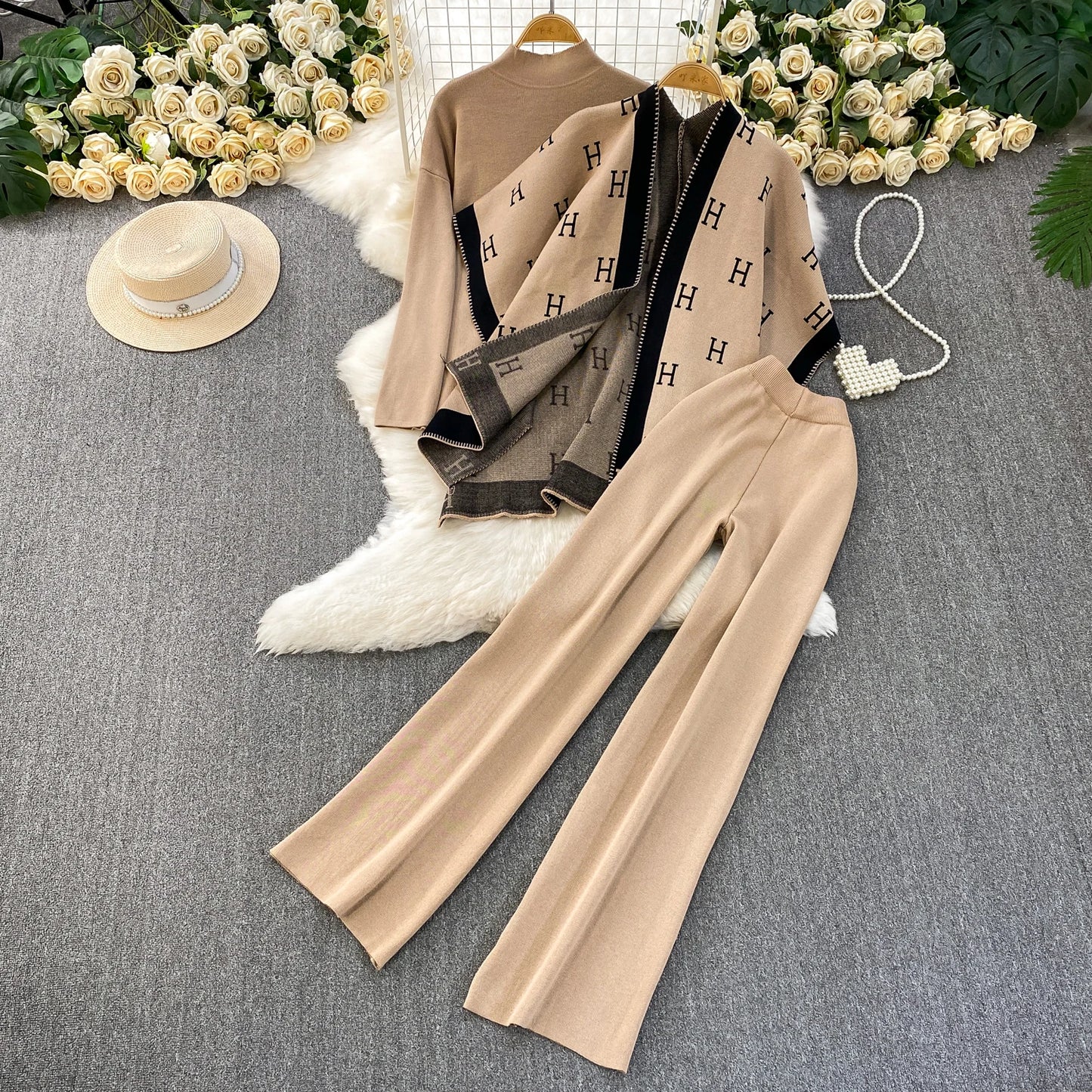 Faionable Knitted Tee-Piece Set Women's Loose Fit Autumn Winter Cardigan Embroidered Letter Sweatirt Wide Leg Pants