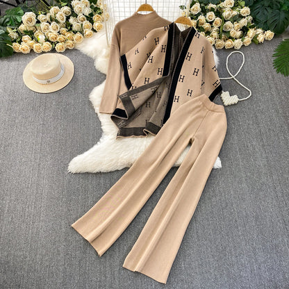 Faionable Knitted Tee-Piece Set Women's Loose Fit Autumn Winter Cardigan Embroidered Letter Sweatirt Wide Leg Pants