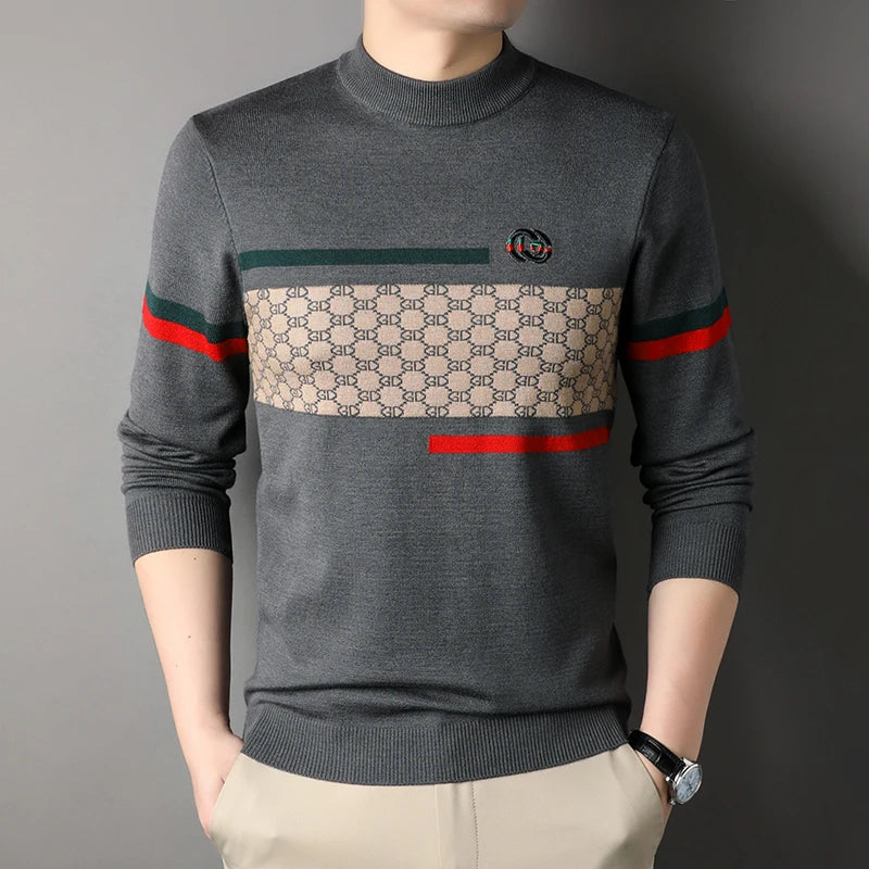 New Round Neck Slim Fit Men's Sweater for Autumn and Winter, Korean Style Trendy and Casual Long Sleeved Knitted Base Sweater