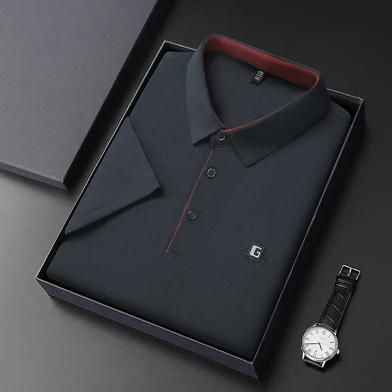 Men's Business Ice Silk Work Shirts Summer Badge Solid Color Polo Shirt Office Wear Man Breathable Comfortable Versatile Tops