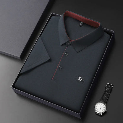 Men's Business Ice Silk Work Shirts Summer Badge Solid Color Polo Shirt Office Wear Man Breathable Comfortable Versatile Tops