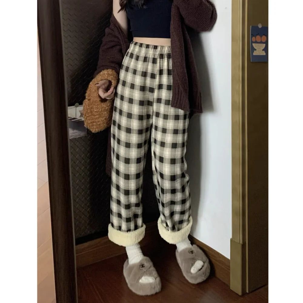 Lamb Velvet Fce Lined Thi Plaid Casual Pants Women's Autumn Winter Loose Straight Leg Wide Leg Cotton Spwear Trousers
