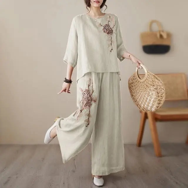 plus Size Women's Retro Cotton Linen Set Wide Leg Pants Slimming Mom Two Piece Suit Spring Fashion Korean Style Commute Wear