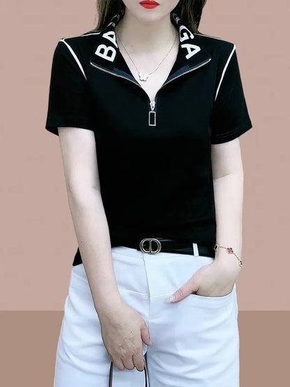 Slimming Short Sleeve Zipper T-Shirt Women's Korean Style Commute Fashion Mid-Year Mom Ladies Shirt Stand Collar Half Zipper