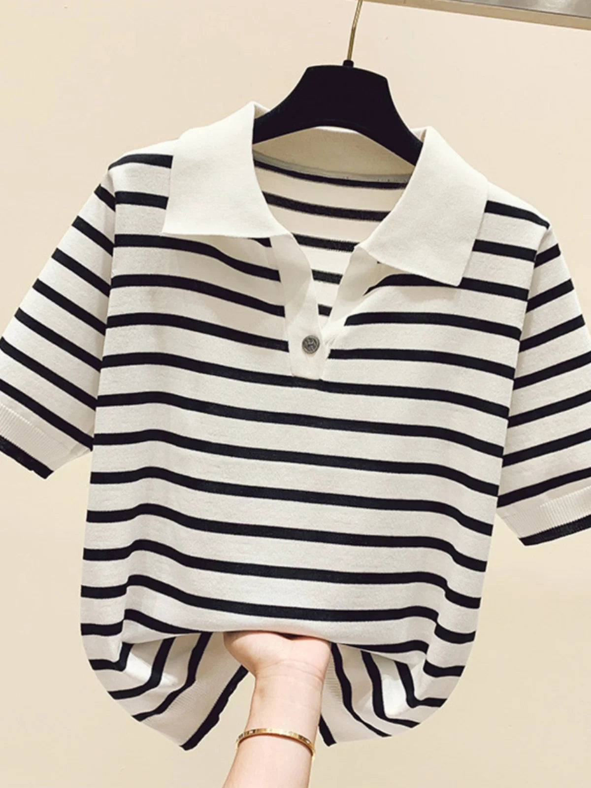 Loose Fit Ice Silk Knitted Short Sleeve T-Shirt Women's Summer Button up Top Slimming Striped  Neck Design plus Size
