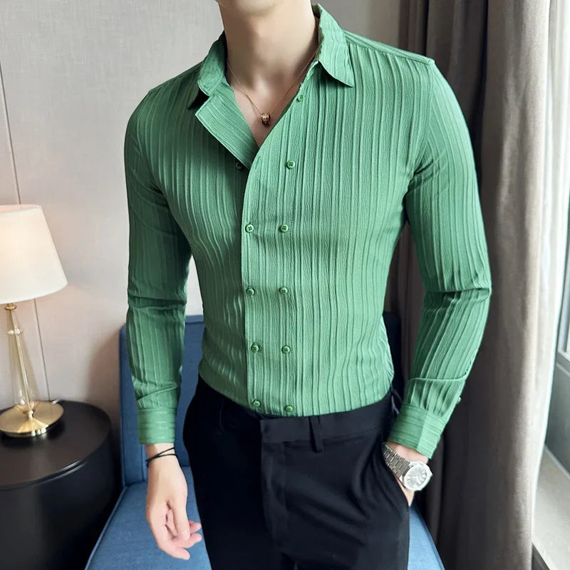 Men's Solid Color Long-Sleeved Shirt Fashionable Elegant Double-Breasted Ball Nightclub Tops Striped Lapel Shirt