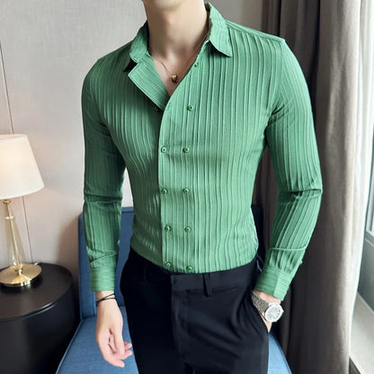 Men's Solid Color Long-Sleeved Shirt Fashionable Elegant Double-Breasted Ball Nightclub Tops Striped Lapel Shirt