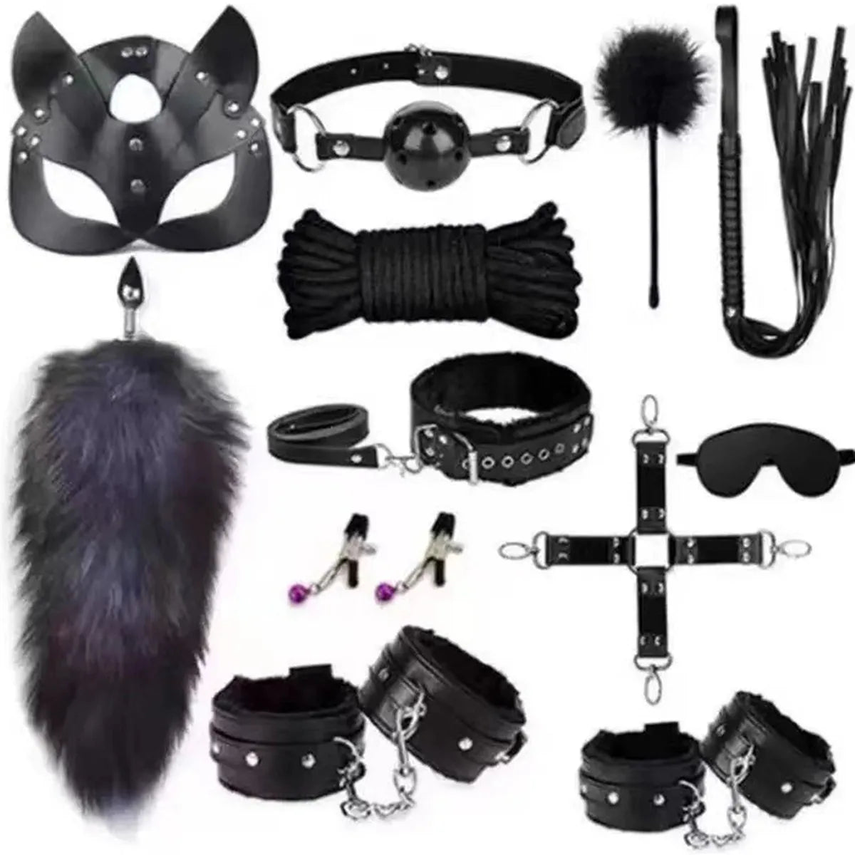 Sexy leather BDSM plush bondage bundle set blindfold handcuffs whip sex toys for women Nipple clip butt plug Exotic sex toys