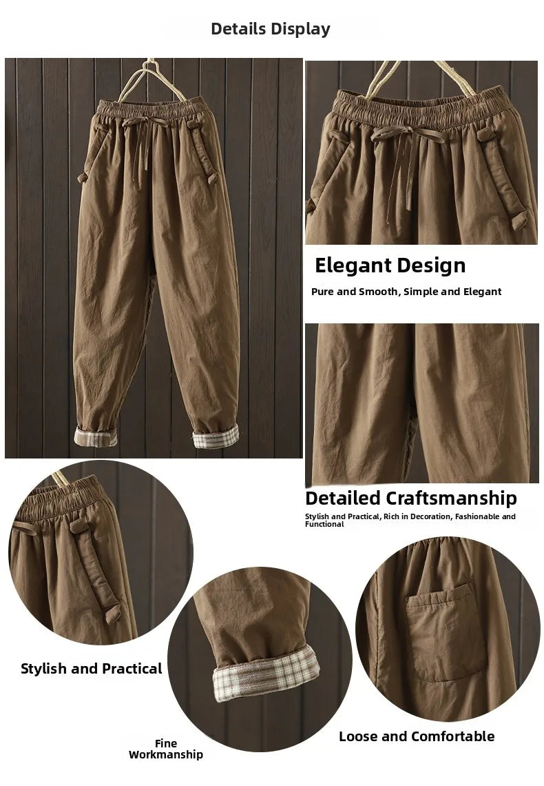 Retro  Color Cotton Filled Casual Loose Harem Pants Small Footed Trousers Winter Outerwear for Women plus Size