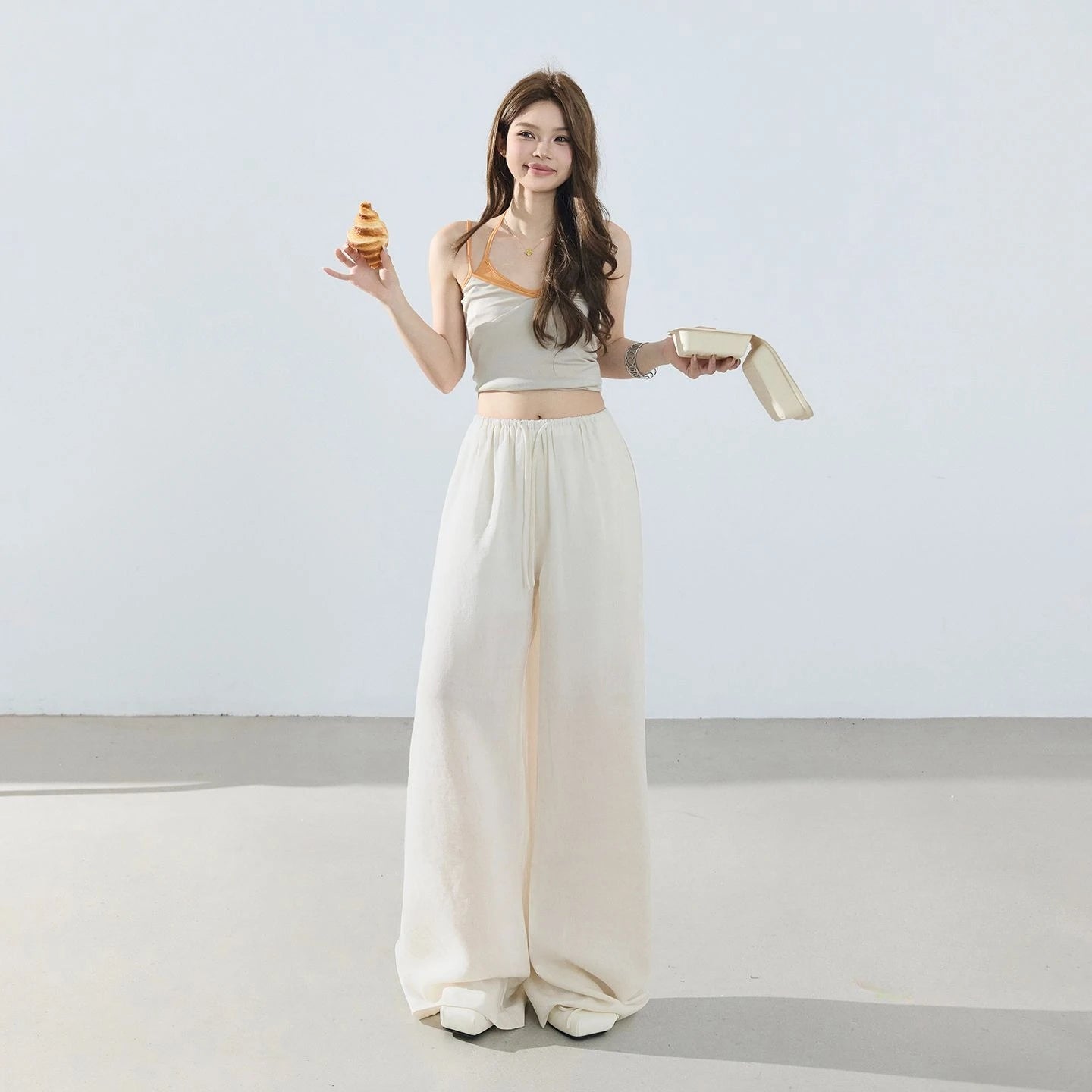 Loose wide-leg pants, classic style, drapey floor-length with drawstring, versatile thin linen straight casual pants for women