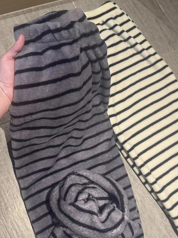 Thickened Flannel Sleep Pants Coral Fleece Leisure Long Pants Winter Home Clothes Stripe Pattern Unisex Warm Home Pants