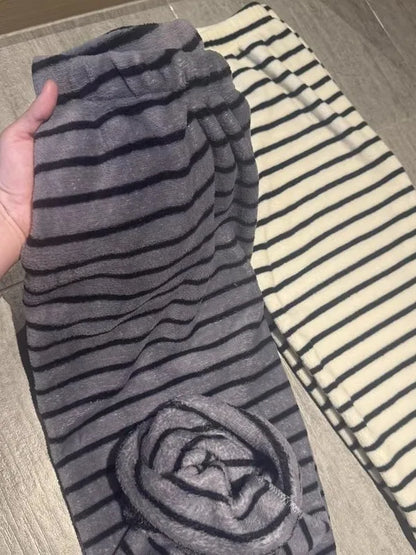 Thickened Flannel Sleep Pants Coral Fleece Leisure Long Pants Winter Home Clothes Stripe Pattern Unisex Warm Home Pants
