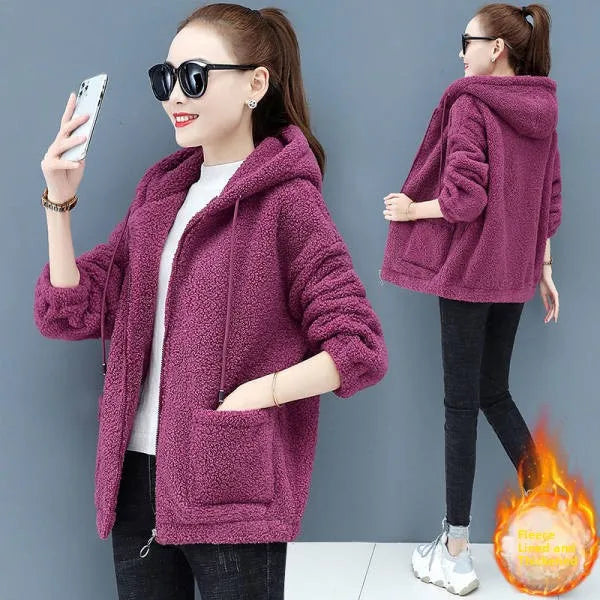 Lamb Velvet Jacket with Hood Women's Fleece Lined Thickened Sweatshirt Casual Top Pure Color Versatile Long Sleeve Regular Le...